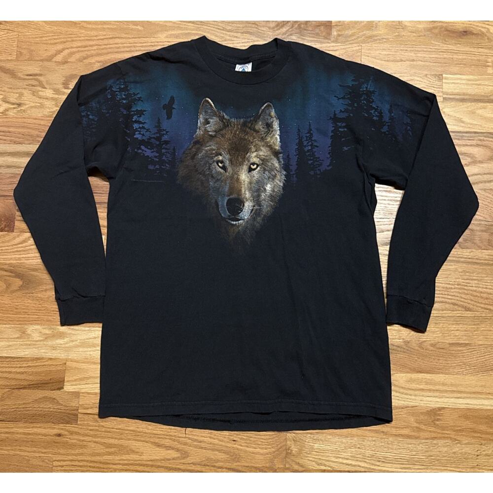 Vintage Graphic Wolf Northern Lights Moon Long-sleeve Sz Large 90s 80s Black